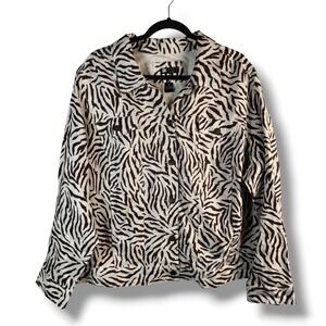 Carole Little Woman 3X Brown Zebra Print‎ 100% Linen Button Down Jacket